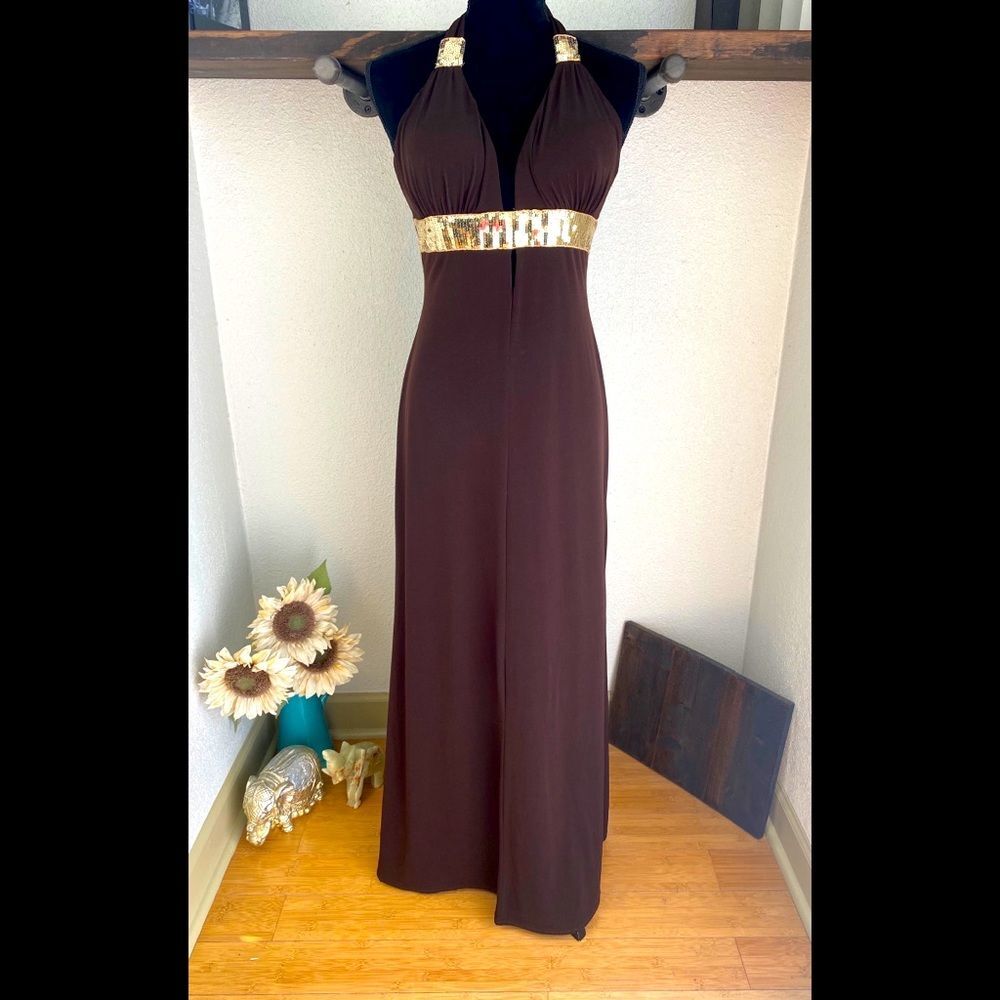Brown Maxi Dress - Gold Sequins - Halter Tie